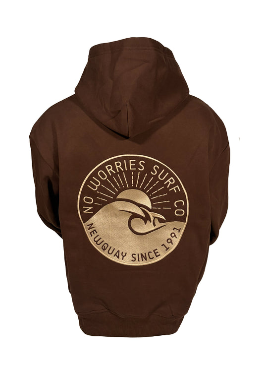 Adults Embroidered Wave Zip-Up Hoodie-Chocolate