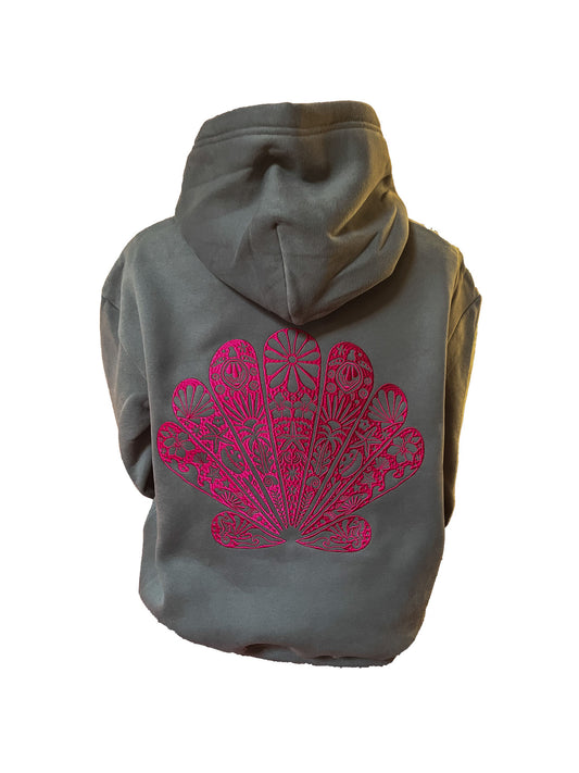 Adults Embroidered Clam Hoodie-Grey/Fuchsia