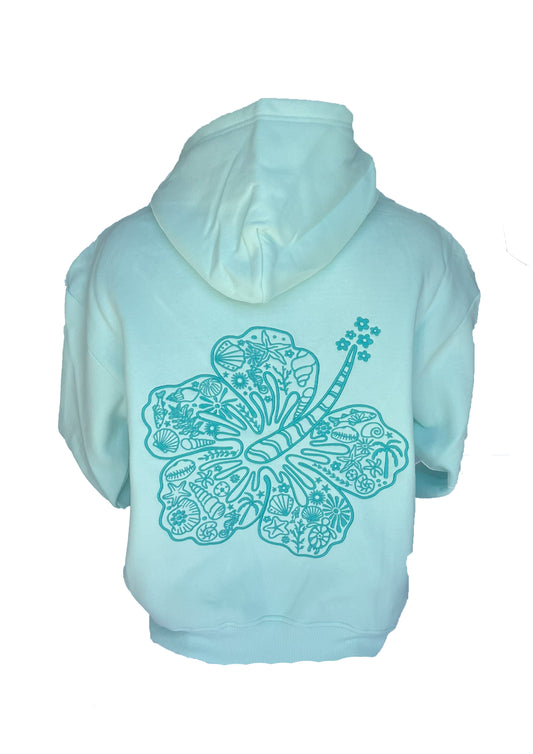 Adults Embroidered Hibiscus Hoodie-Mint