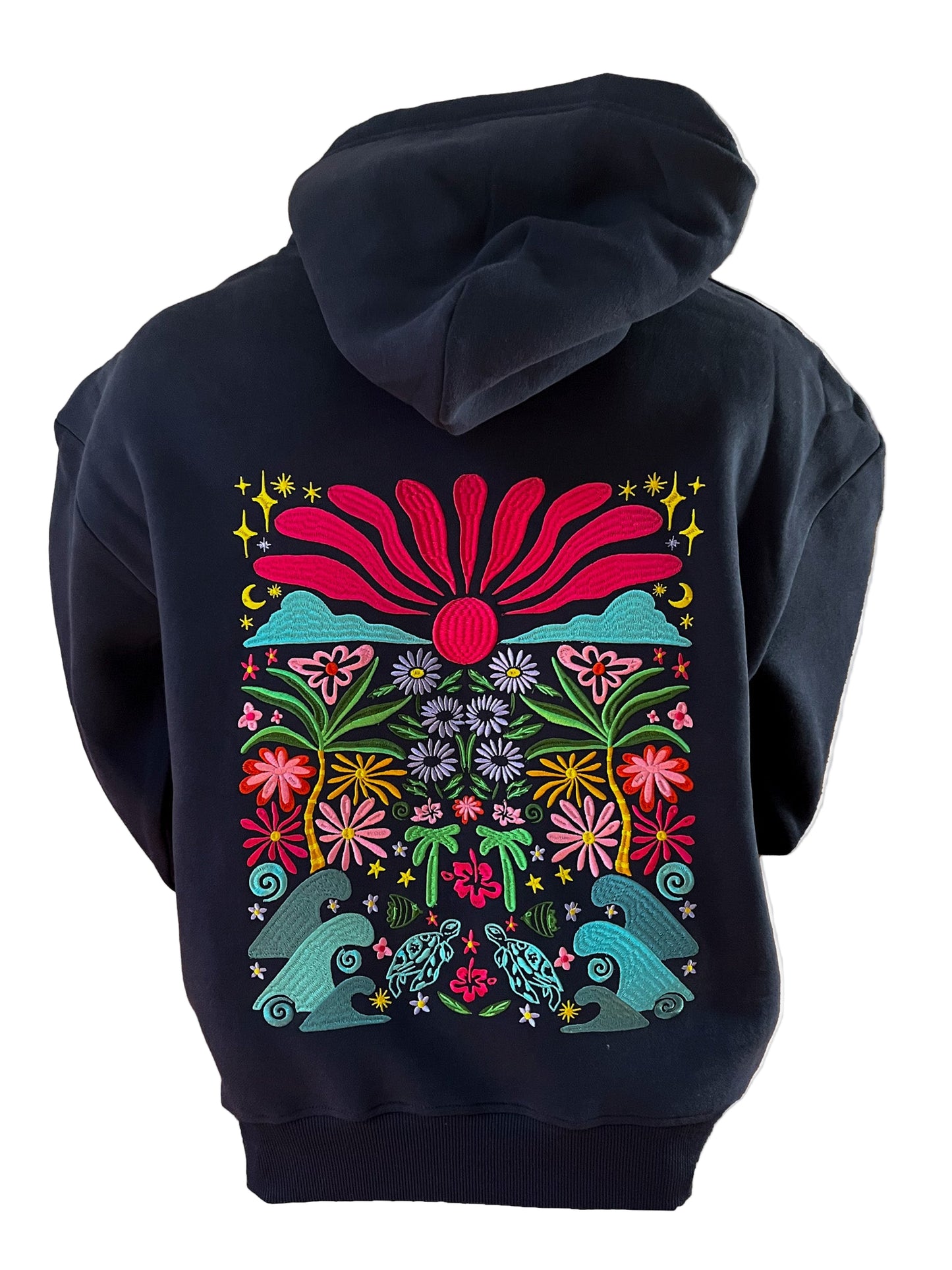 Adults Embroidered Floral Fantasy Hoodie-Navy