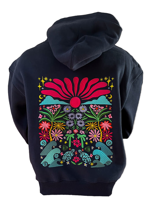 Adults Embroidered Floral Fantasy Hoodie-Navy
