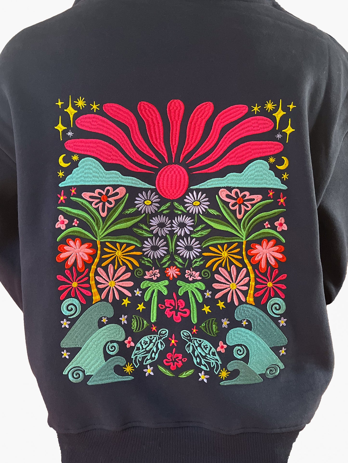 Adults Embroidered Floral Fantasy Hoodie-Navy