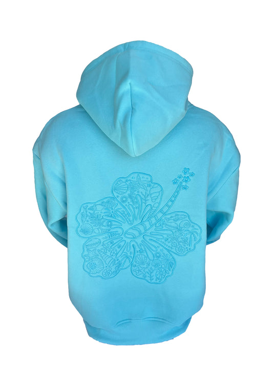 Adults Embroidered Hibiscus Hoodie- Aqua