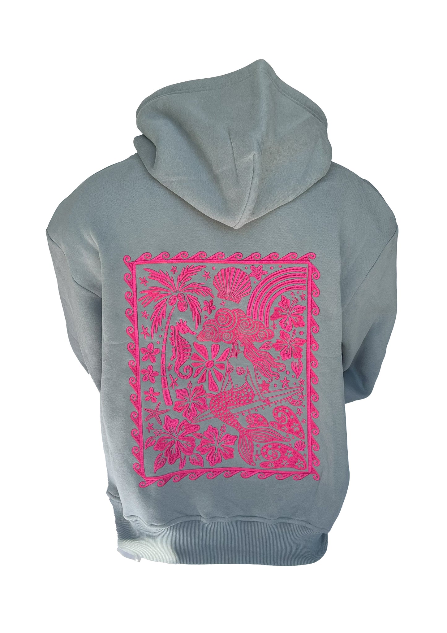 Adults Embroidered Mermaid Stamp Hoodie-Grey/Fuchsia