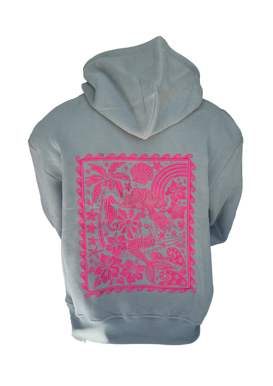 Adults Embroidered Mermaid Stamp Hoodie-Grey/Fuchsia