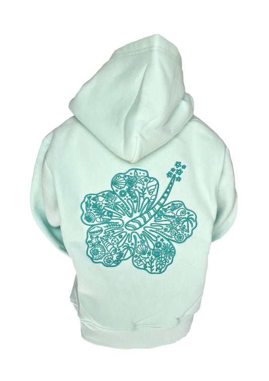 Kids Embroidered Hibiscus Hoodie-Mint