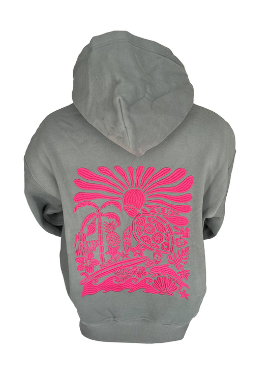 Adults Embroidered Island Bay Hoodie-Grey/Fuchsia