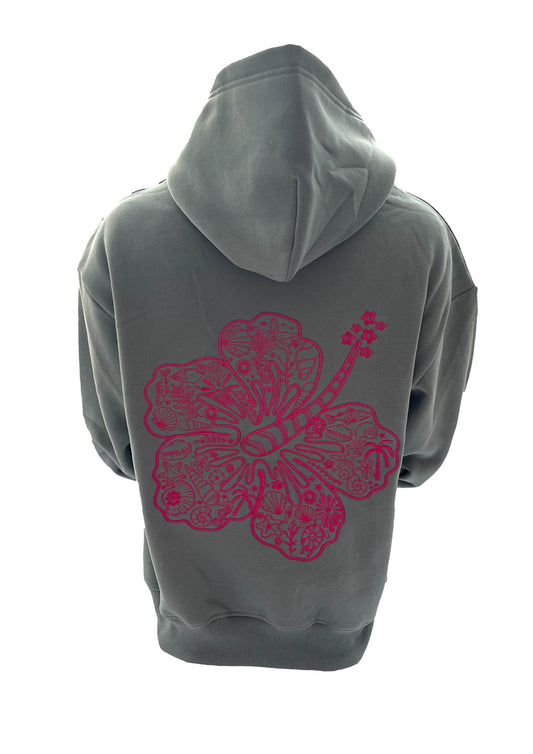 Adults Embroidered Hibiscus Hoodie-Grey/Fuchsia
