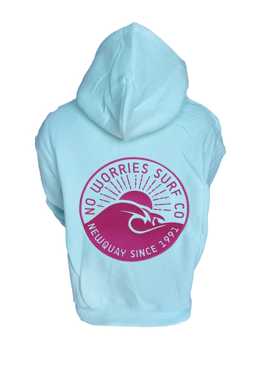 Adults Embroidered Wave Hoodie-Mint/Fuchsia