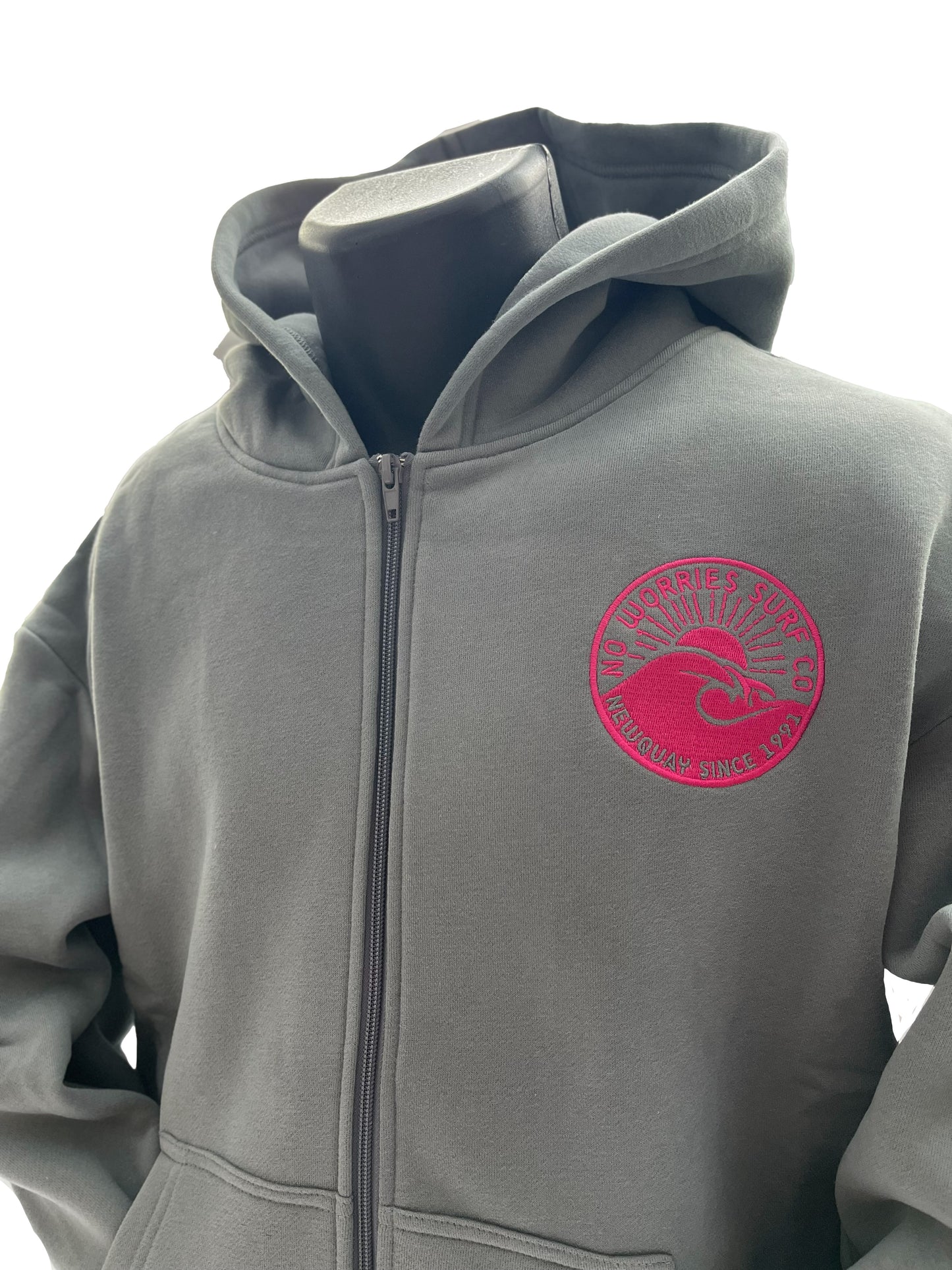 Adults Embroidered Wave Zip-up Hoodie-Grey/Fuchsia