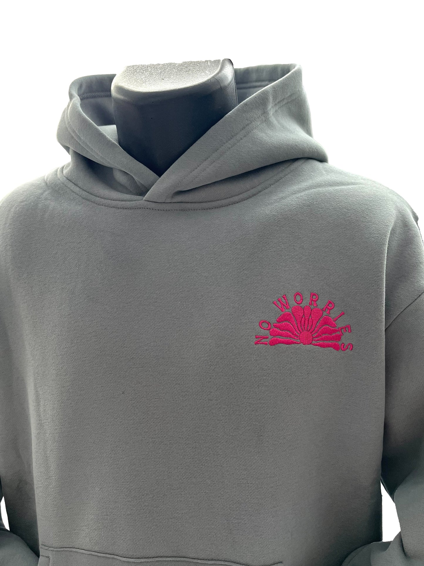 Adults Embroidered Hibiscus Hoodie-Grey/Fuchsia