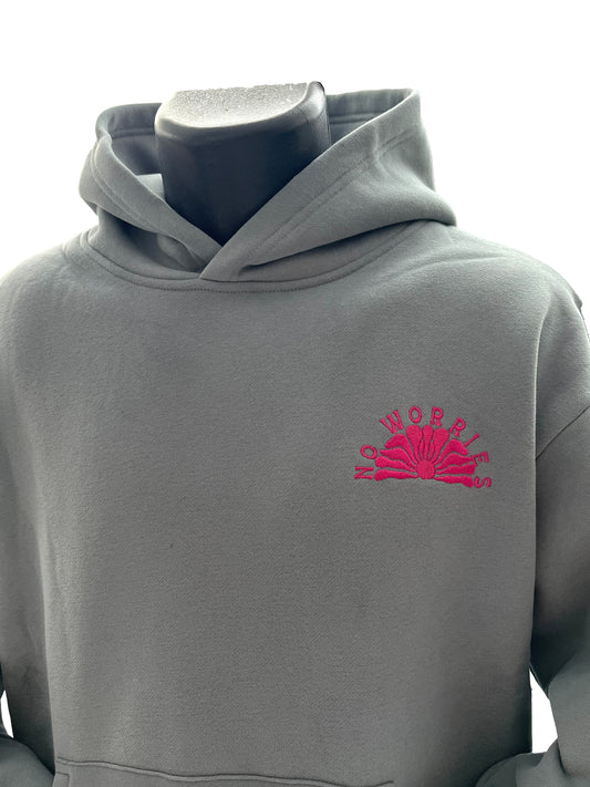 Adults Embroidered Hibiscus Hoodie-Grey/Fuchsia