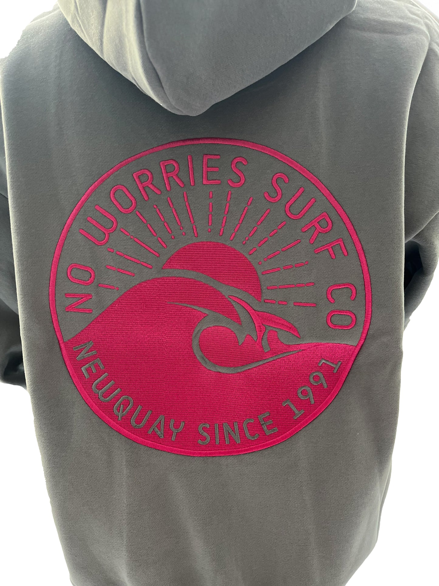 Adults Embroidered Wave Zip-up Hoodie-Grey/Fuchsia
