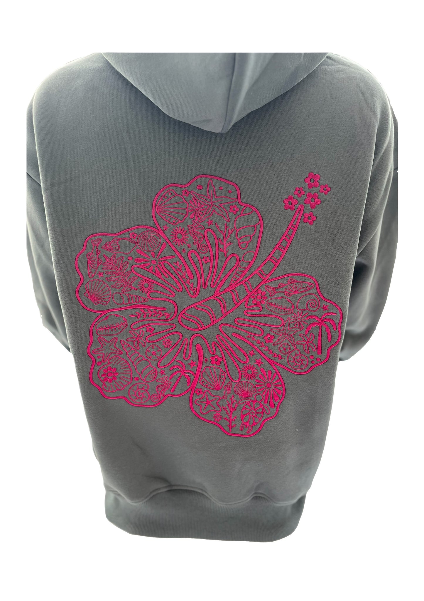 Adults Embroidered Hibiscus Hoodie-Grey/Fuchsia