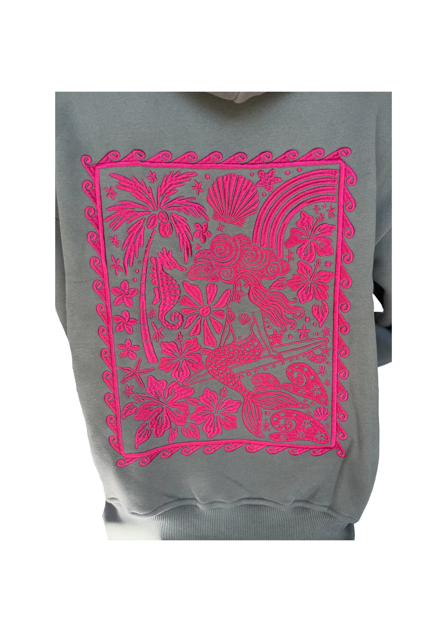 Adults Embroidered Mermaid Stamp Hoodie-Grey/Fuchsia