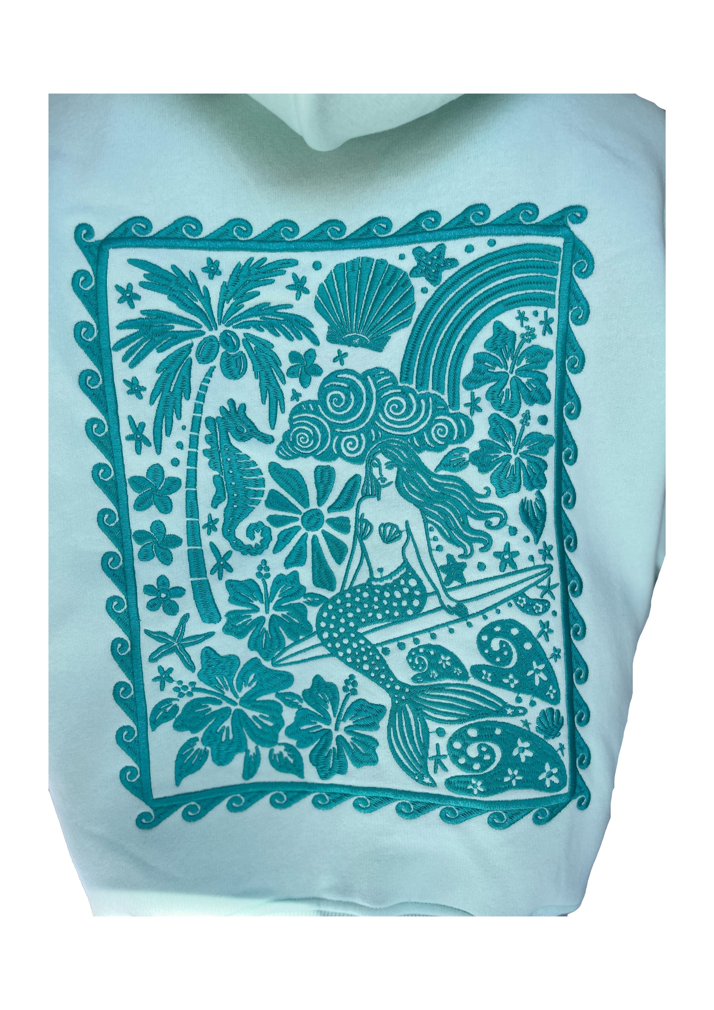 Adults Embroidered Mermaid Stamp Hoodie-Mint