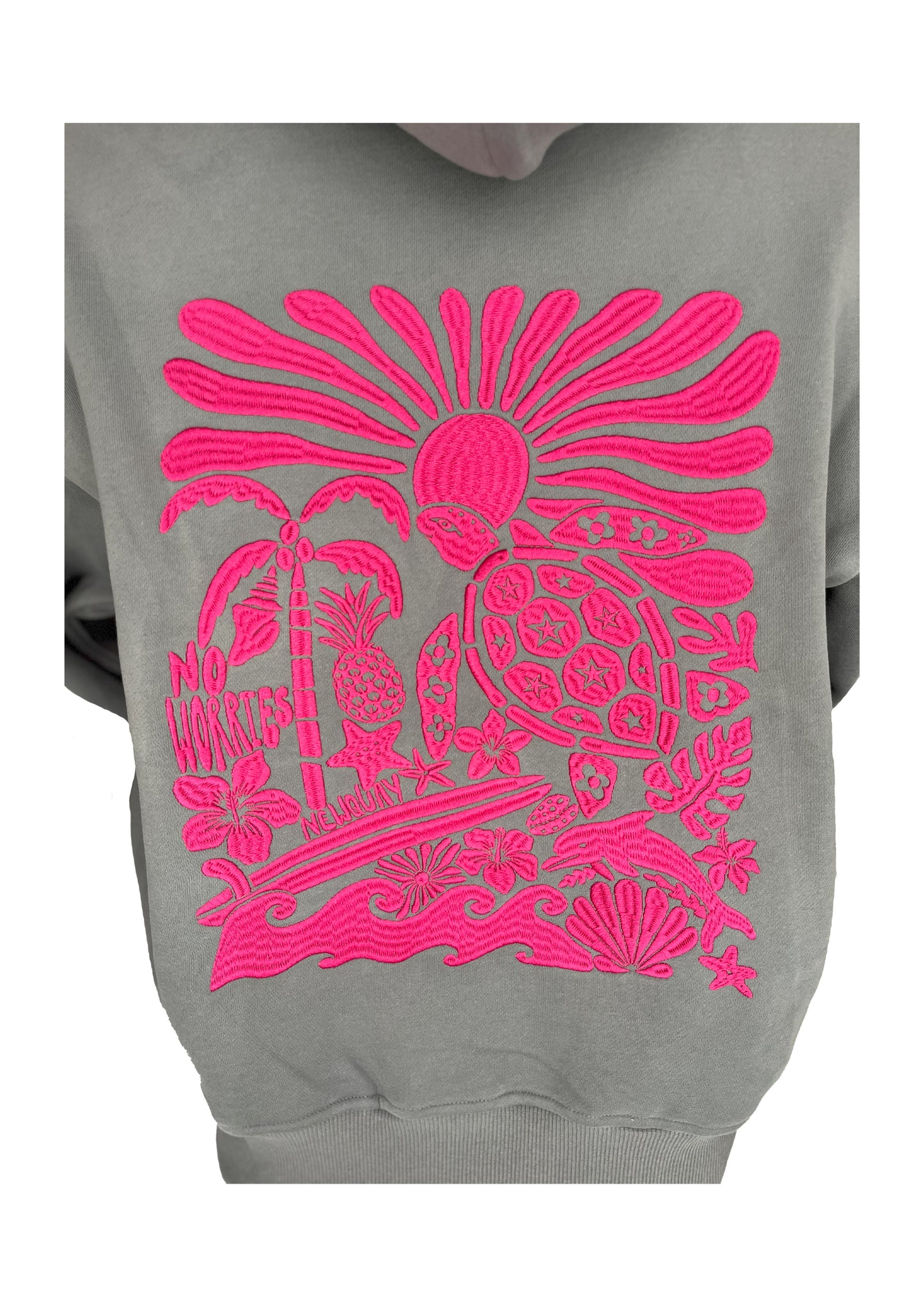 Adults Embroidered Island Bay Hoodie-Grey/Fuchsia
