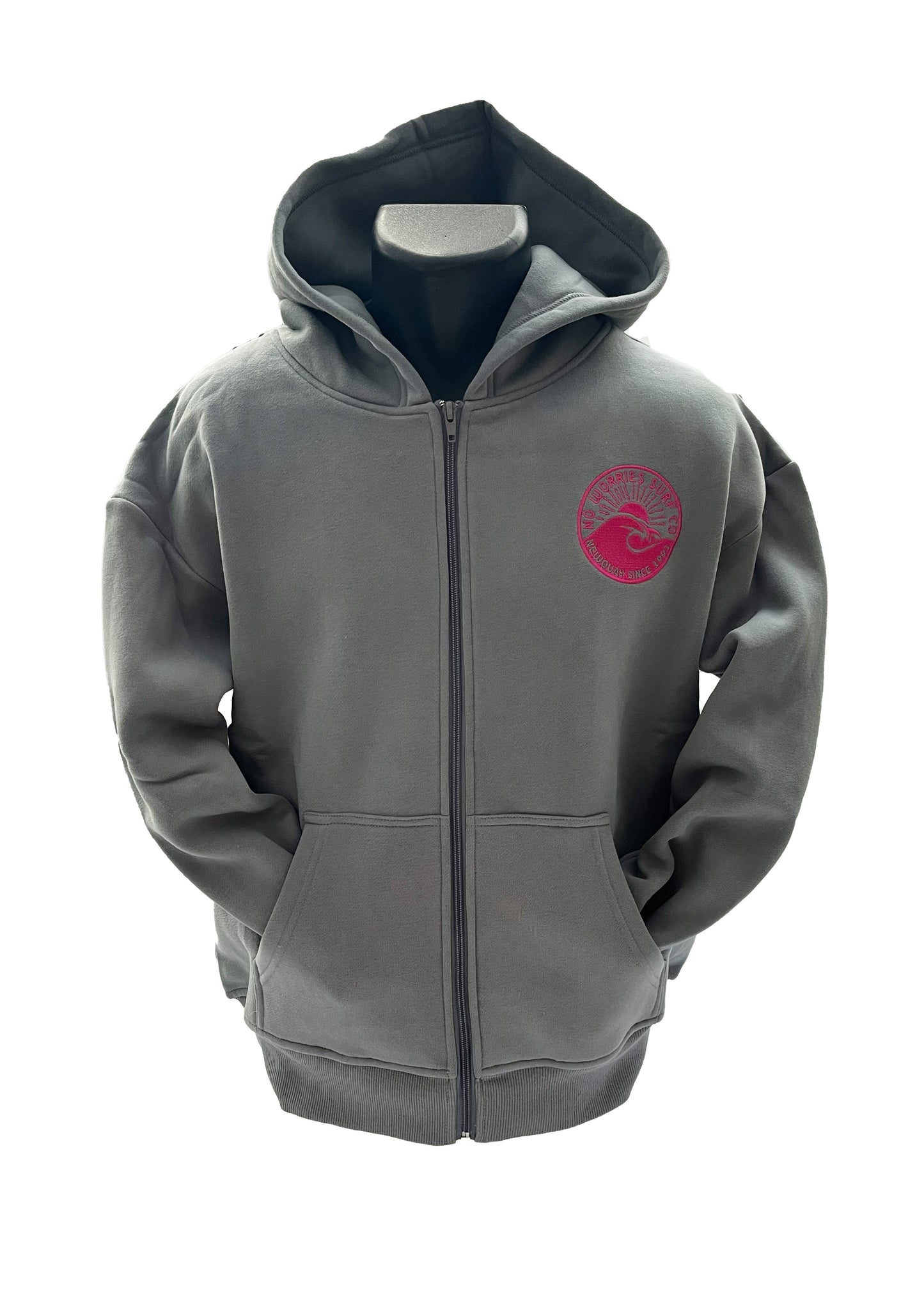 Adults Embroidered Wave Zip-up Hoodie-Grey/Fuchsia