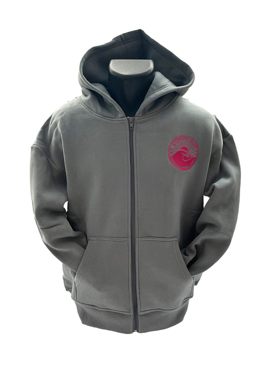 Adults Embroidered Wave Zip-up Hoodie-Grey/Fuchsia