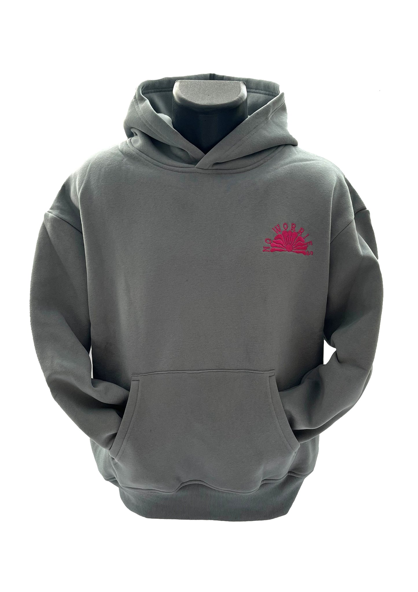 Adults Embroidered Hibiscus Hoodie-Grey/Fuchsia