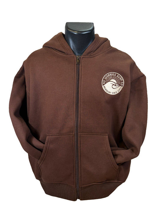 Adults Embroidered Wave Zip-Up Hoodie-Chocolate