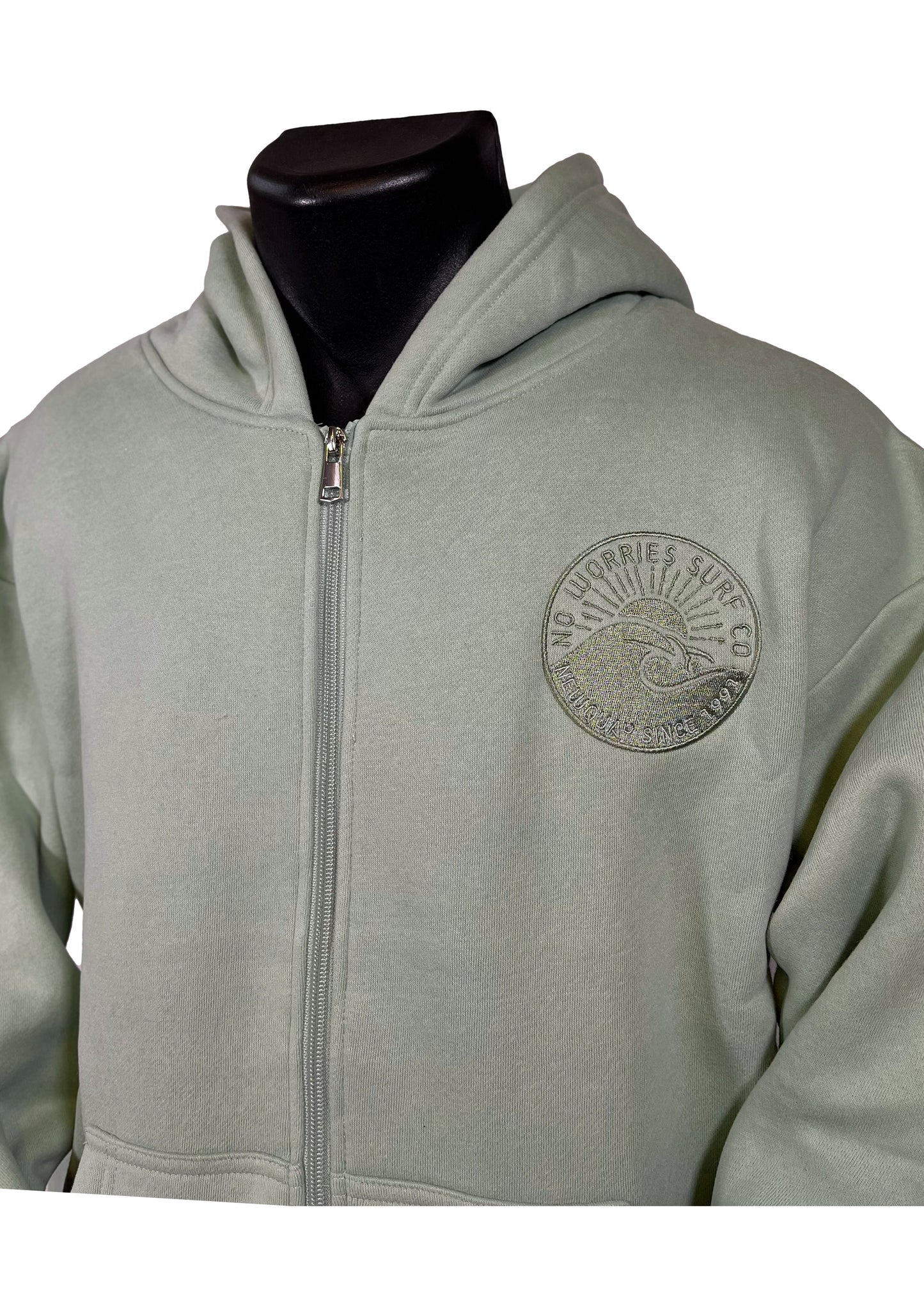 Adults Embroidered Wave Zip-Up Hoodie-Sage
