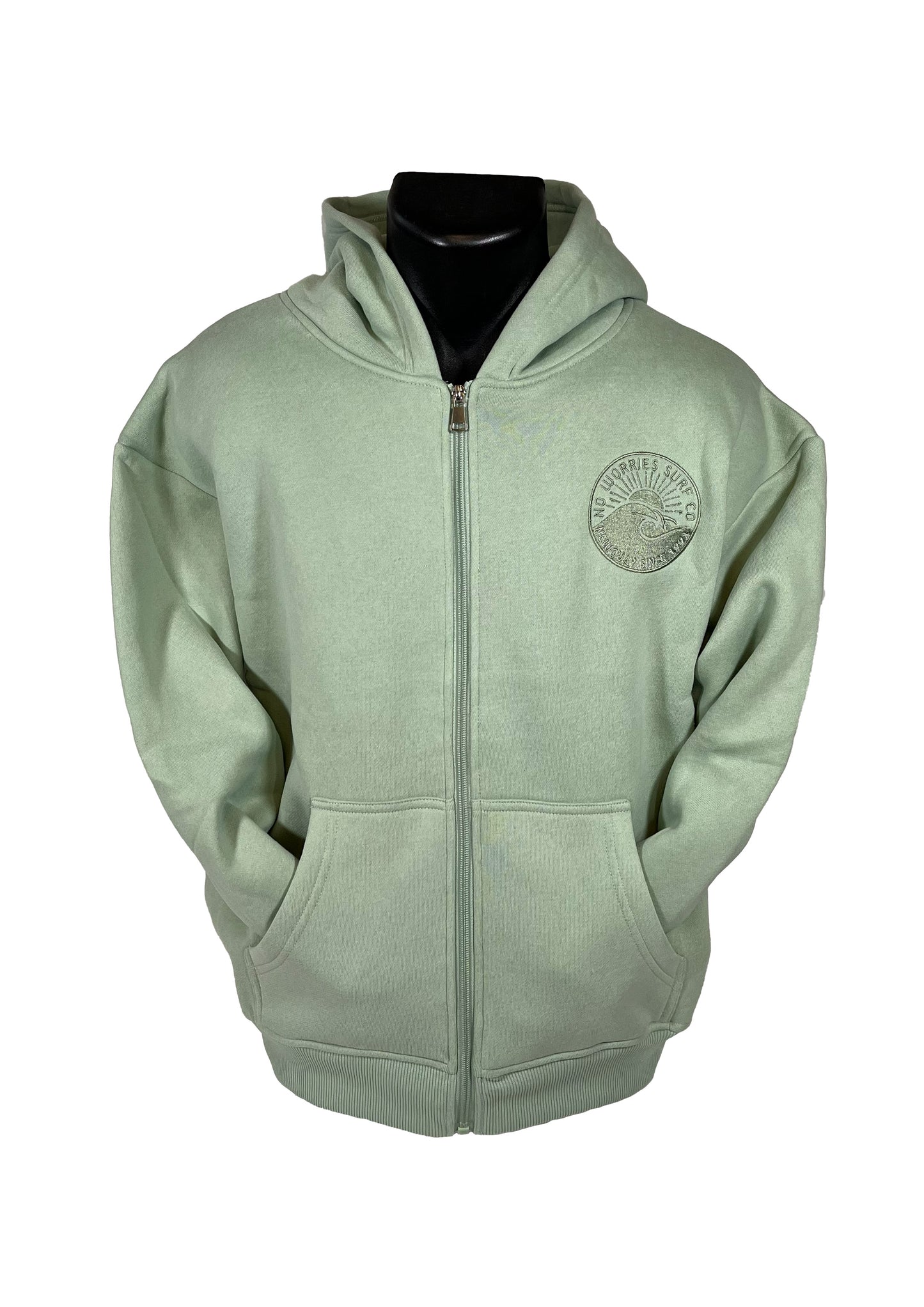 Adults Embroidered Wave Zip-Up Hoodie-Sage