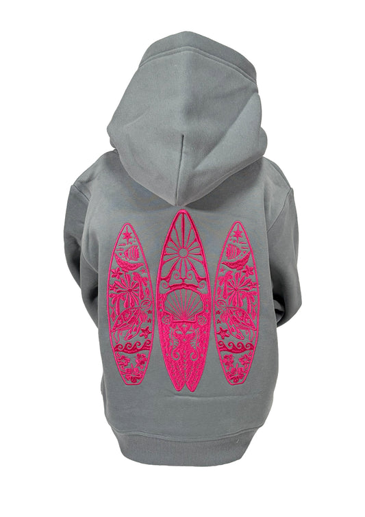 Kids Embroidered 3 Boards Hoodie-Grey/Fuchsia